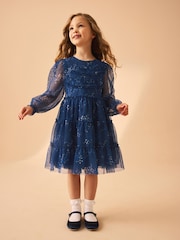 Laura Ashley Dark Blue Tiered Long Sleeve Mesh Dress - Image 1 of 16