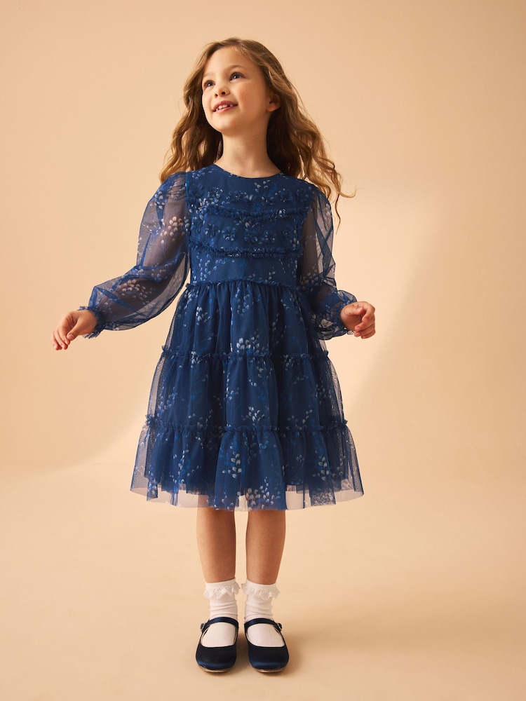 Laura Ashley Dark Blue Tiered Long Sleeve Mesh Dress - Image 1 of 16