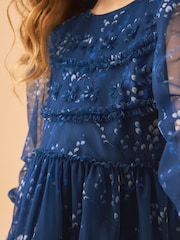 Laura Ashley Dark Blue Tiered Long Sleeve Mesh Dress - Image 10 of 16