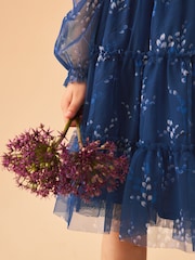 Laura Ashley Dark Blue Tiered Long Sleeve Mesh Dress - Image 11 of 16