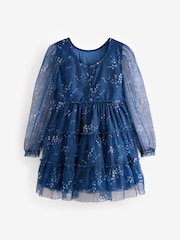 Laura Ashley Dark Blue Tiered Long Sleeve Mesh Dress - Image 13 of 16
