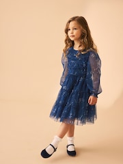 Laura Ashley Dark Blue Tiered Long Sleeve Mesh Dress - Image 2 of 16