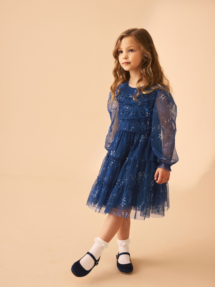 Laura Ashley Dark Blue Tiered Long Sleeve Mesh Dress - Image 2 of 16