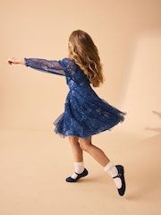 Laura Ashley Dark Blue Tiered Long Sleeve Mesh Dress - Image 3 of 16