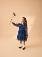 Laura Ashley Dark Blue Tiered Long Sleeve Mesh Dress - Image 4 of 16