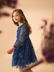 Laura Ashley Dark Blue Tiered Long Sleeve Mesh Dress - Image 5 of 16