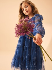 Laura Ashley Dark Blue Tiered Long Sleeve Mesh Dress - Image 6 of 16