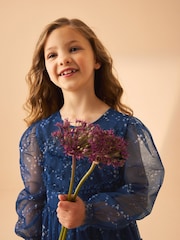 Laura Ashley Dark Blue Tiered Long Sleeve Mesh Dress - Image 7 of 16