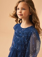 Laura Ashley Dark Blue Tiered Long Sleeve Mesh Dress - Image 8 of 16