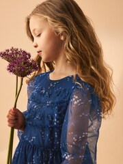 Laura Ashley Dark Blue Tiered Long Sleeve Mesh Dress - Image 9 of 16