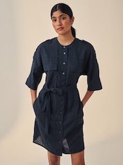 Navy Blue Utility Tie Belt Mini Dress With Linen - Image 1 of 5