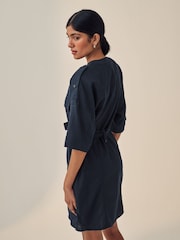 Navy Blue Utility Tie Belt Mini Dress With Linen - Image 2 of 5