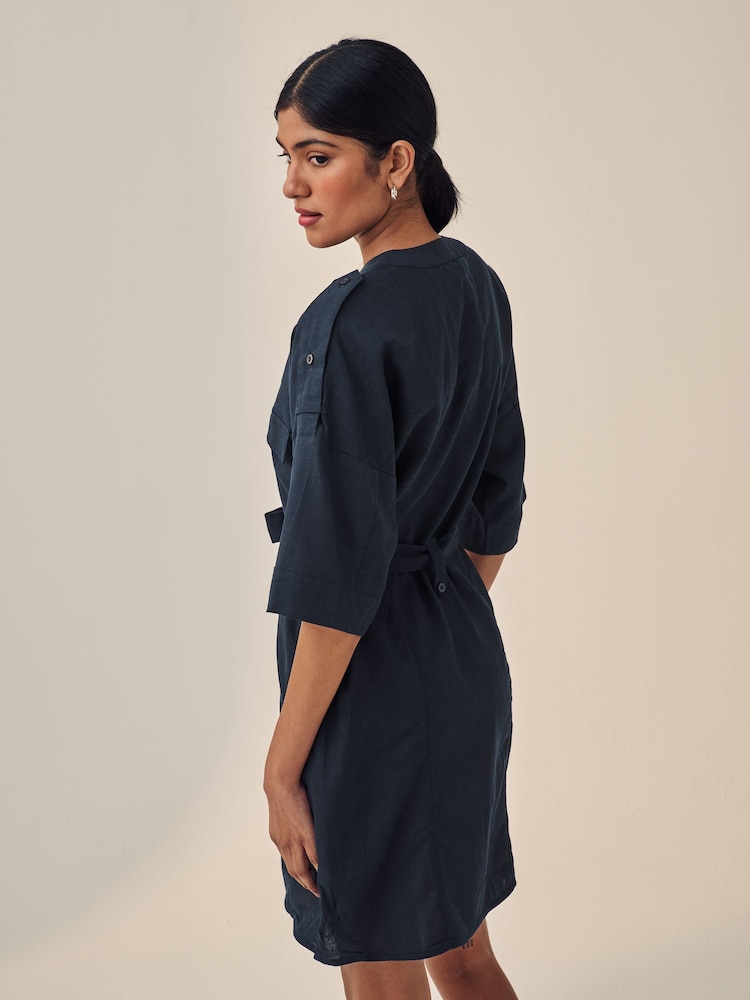 Navy Blue Utility Tie Belt Mini Dress With Linen - Image 2 of 5