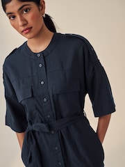 Navy Blue Utility Tie Belt Mini Dress With Linen - Image 3 of 5