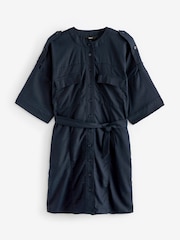 Navy Blue Utility Tie Belt Mini Dress With Linen - Image 4 of 5
