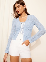 modra - Friends Like These Vezena jopica Pointelle Tie Front Cardigan - Slika 2 iz 4
