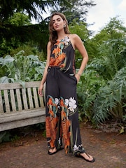 Black Floral Placement Kew Collection Wide Leg Trousers - Image 2 of 9