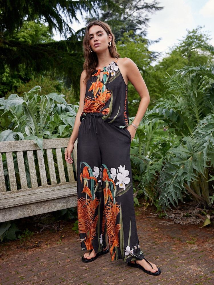 Black Floral Placement Kew Collection Wide Leg Trousers - Image 2 of 9