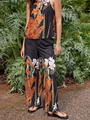 Black Floral Placement Kew Collection Wide Leg Trousers - Image 4 of 9