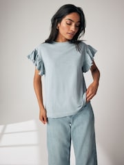 Teal Blue 100% Cotton Sparkle Stud Ruffle Sleeve T-Shirt - Image 1 of 7