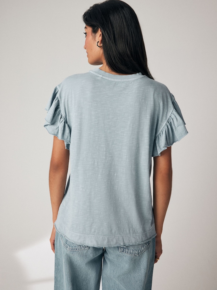 Teal Blue 100% Cotton Sparkle Stud Ruffle Sleeve T-Shirt - Image 2 of 7