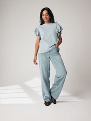 Teal Blue 100% Cotton Sparkle Stud Ruffle Sleeve T-Shirt - Image 3 of 7