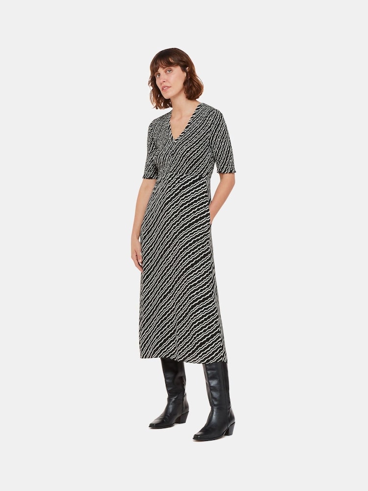 Whistles Black Diagonal Ripple Shirred Dress - Image 1 of 5 Whistles Black Diagonal Ripple Shirred Dress - Image 1 of 5