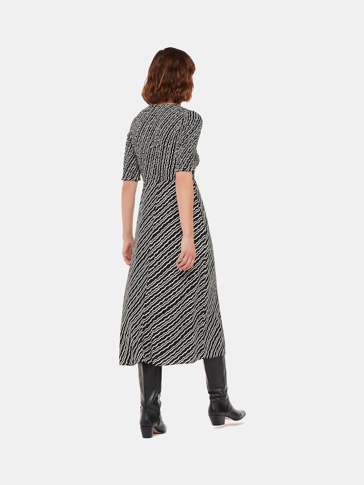 Whistles Black Diagonal Ripple Shirred Dress - Image 2 of 5 Whistles Black Diagonal Ripple Shirred Dress - Image 2 of 5