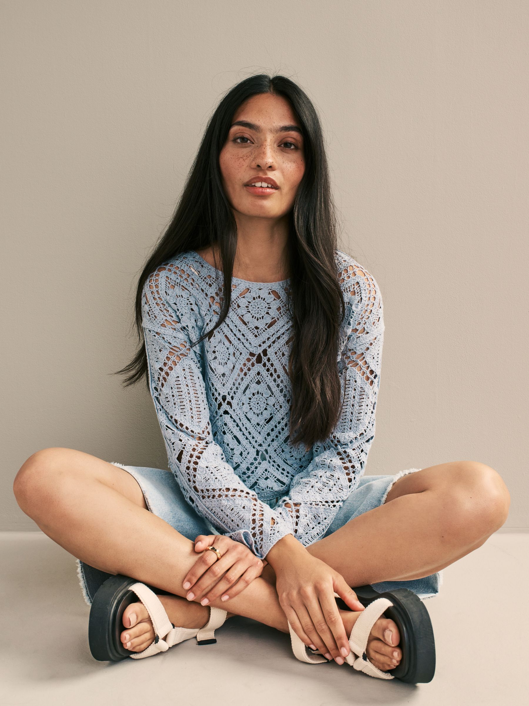 Buy Light Blue 100 Cotton Long Sleeve Crochet Top from Next Luxembourg