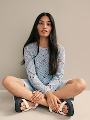 Light Blue 100% Cotton Long Sleeve Crochet Top - Image 1 of 9