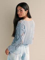 Light Blue 100% Cotton Long Sleeve Crochet Top - Image 2 of 9