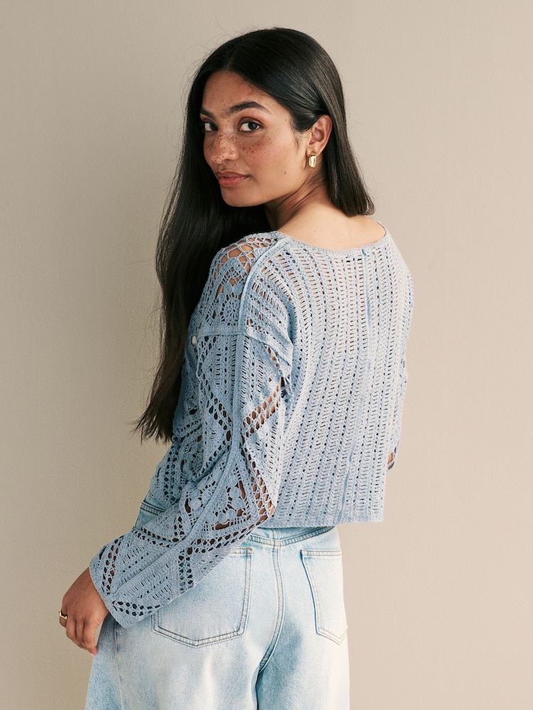 Light Blue 100% Cotton Long Sleeve Crochet Top - Image 2 of 9