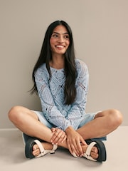 Light Blue 100% Cotton Long Sleeve Crochet Top - Image 3 of 9