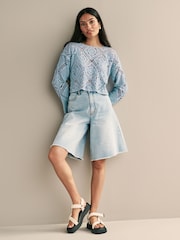 Light Blue 100% Cotton Long Sleeve Crochet Top - Image 4 of 9