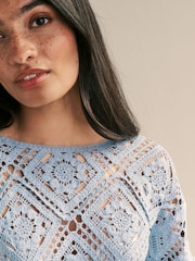 Light Blue 100% Cotton Long Sleeve Crochet Top - Image 7 of 9