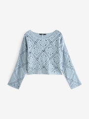 Light Blue 100% Cotton Long Sleeve Crochet Top - Image 8 of 9