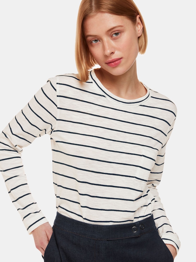 Whistles Stripe Crew Neck Pocket 100% Cotton Top - Imagen 1 de 5