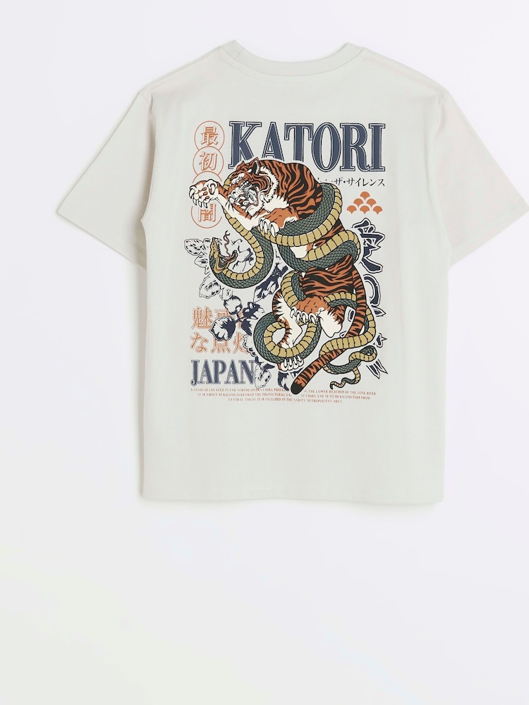 River Island Grey Boys Back Print Graphic Katori Tiger 100% Cotton T-Shirt - Image 1 of 4