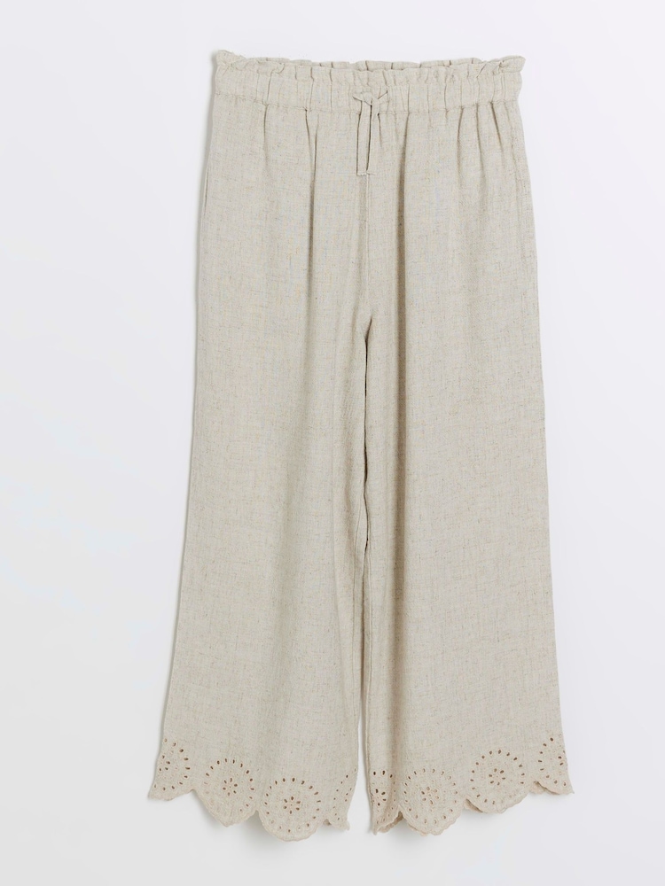 River Island Natural Girls Cut Out Linen Trousers - Image 1 of 2