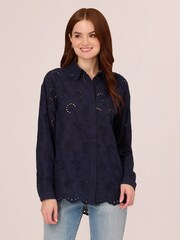 Adrianna Papell Blue Eyelet Button Front 100% Cotton Tunic Shirt - Image 1 of 7