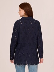 Adrianna Papell Blue Eyelet Button Front 100% Cotton Tunic Shirt - Image 2 of 7