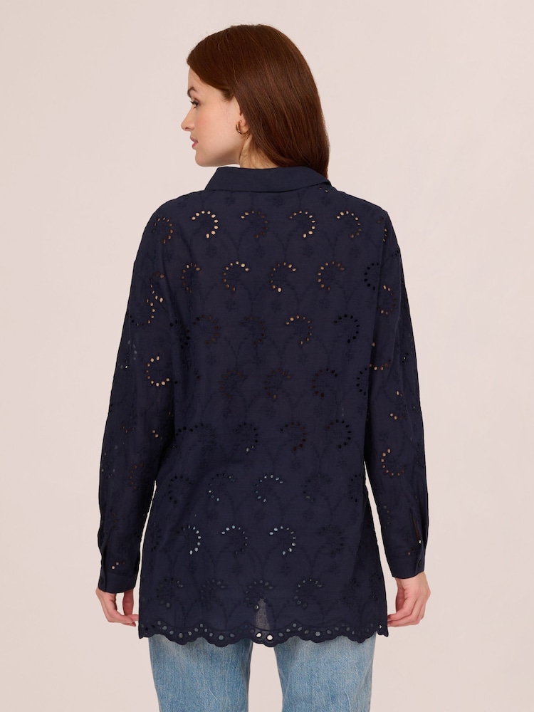 Adrianna Papell Blue Eyelet Button Front 100% Cotton Tunic Shirt - Image 2 of 7