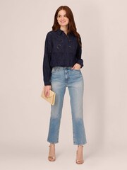 Adrianna Papell Blue Eyelet Button Front 100% Cotton Tunic Shirt - Image 3 of 7