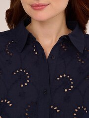 Adrianna Papell Blue Eyelet Button Front 100% Cotton Tunic Shirt - Image 4 of 7