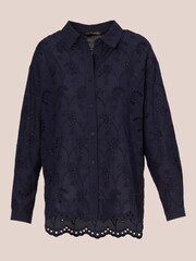 Adrianna Papell Blue Eyelet Button Front 100% Cotton Tunic Shirt - Image 6 of 7