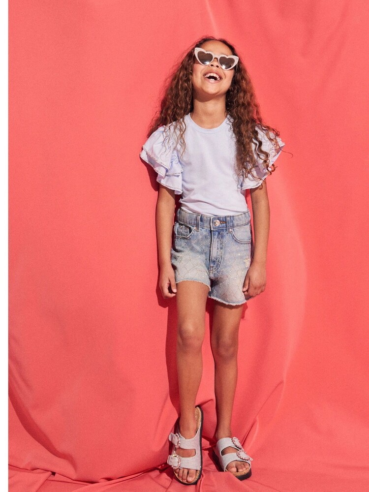 River Island Blue Mom Girls Diamante Denim 100% Cotton Shorts - Image 1 of 5 River Island Blue Mom Girls Diamante Denim 100% Cotton Shorts - Image 1 of 5