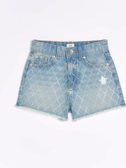 River Island Blue Mom Girls Diamante Denim 100% Cotton Shorts - Image 2 of 5