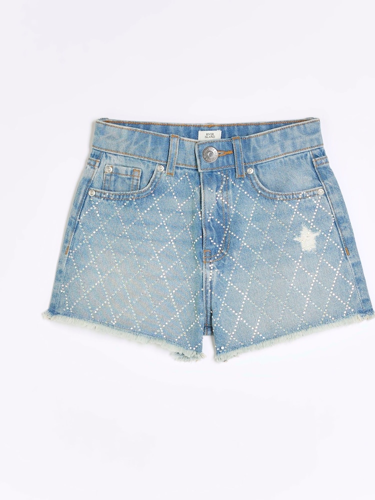 River Island Blue Mom Girls Diamante Denim 100% Cotton Shorts - Image 2 of 5 River Island Blue Mom Girls Diamante Denim 100% Cotton Shorts - Image 2 of 5