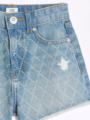 River Island Blue Mom Girls Diamante Denim 100% Cotton Shorts - Image 5 of 5