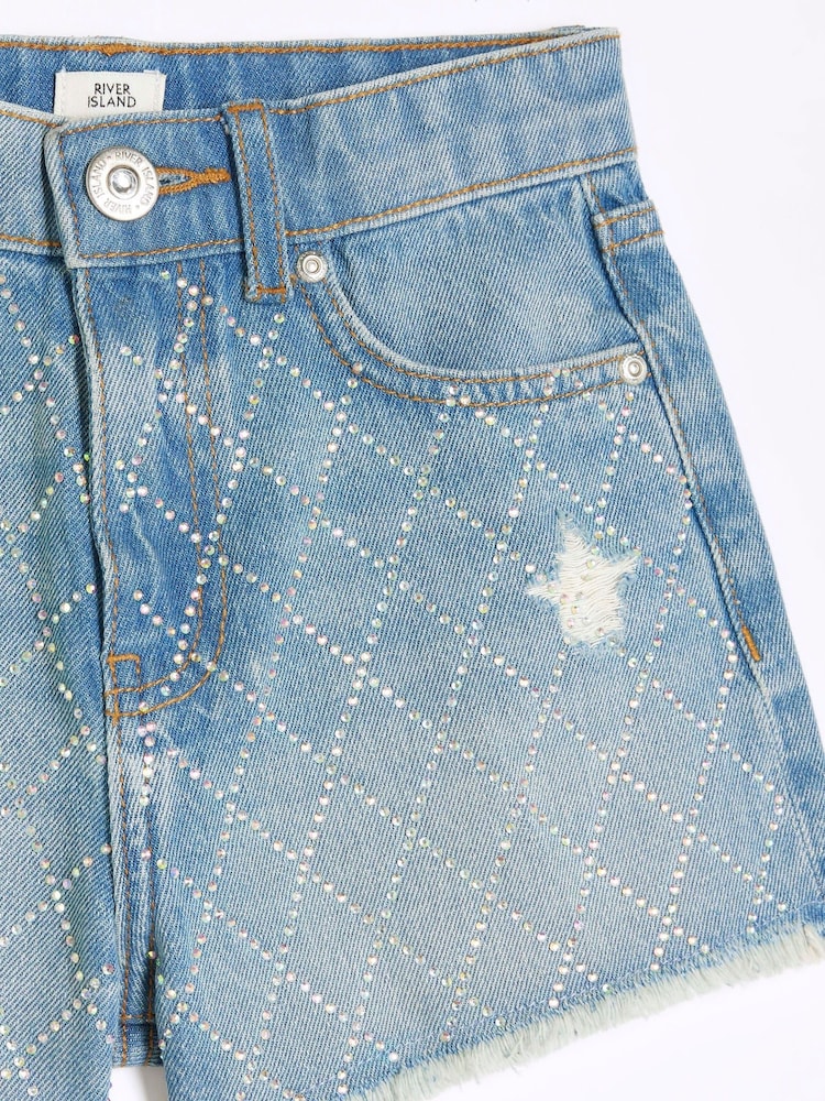 River Island Blue Mom Girls Diamante Denim 100% Cotton Shorts - Image 5 of 5 River Island Blue Mom Girls Diamante Denim 100% Cotton Shorts - Image 5 of 5